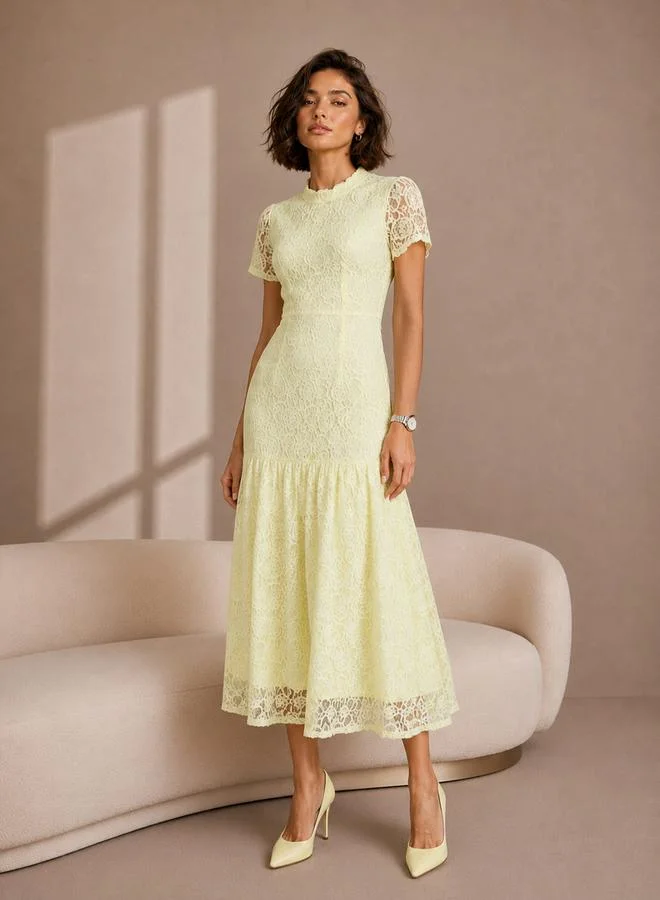 Styli Yellow Short Sleeves Lace A-Line Midi Dress