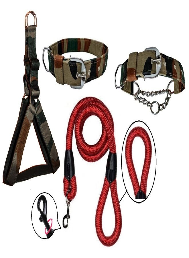 Hachiko:-(Combo of 4) Nylon Padded Adjustable Dog Harness+Choke Collar+Collar+Rope(Medium,Army-Red) - Image 1