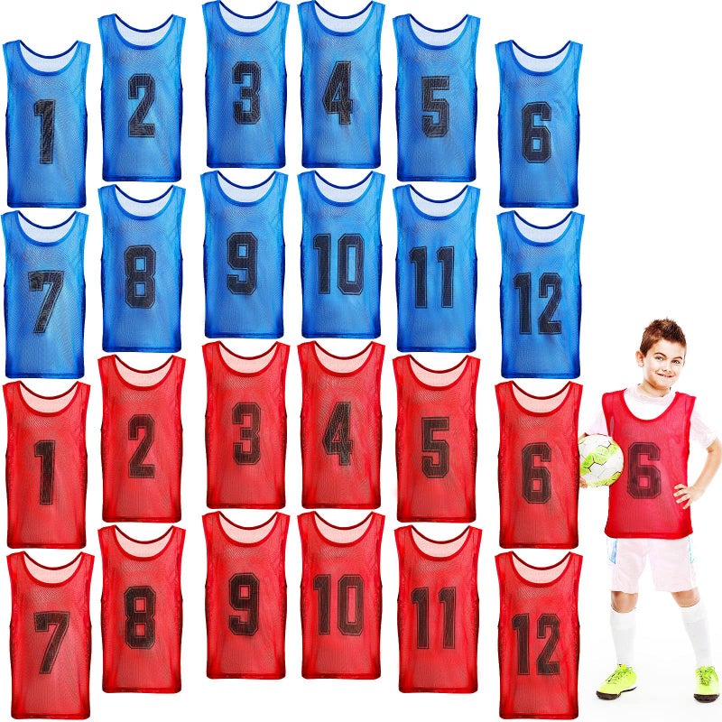 Hercicy 24 Pcs Youth Pinnies Soccer Pinnies Training Vest Adult Mesh Reversible Numbered Football JerseyMediumRed Blue