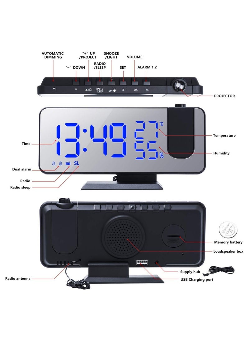 Generic - Projection Alarm Clock for Bedroom Ceiling Digital Radio Alarm Clock with USB Phone Charger Dual Alarm Clock with 2 Alarm Sounds/4 Dimmer/180° Rotable LED Screen Alarm Clock - Image 1