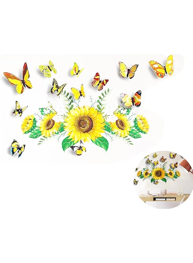 Zaboon Wall Stickers Sunflower Butterfly Wall Decal Waterproof Removable for Kids Bedroom Living Room Bathroom Art Decor Home Decoration Indoor Outdoor 13PCS - Image 1