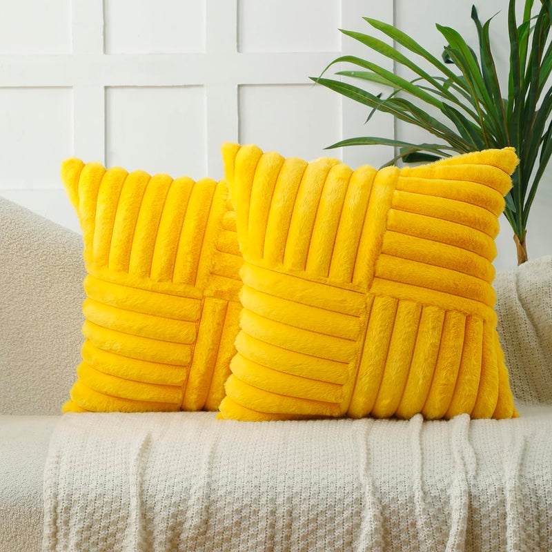 All Smiles Throw Pillow Covers 18x18 Set of 2 Faux Fur Soft Fluffy Velvet Cushion Case Autumn Thanksgiving Decoration Farmhouse Home Decor for Couch Bed Sofa Living Room,Mustard Yellow