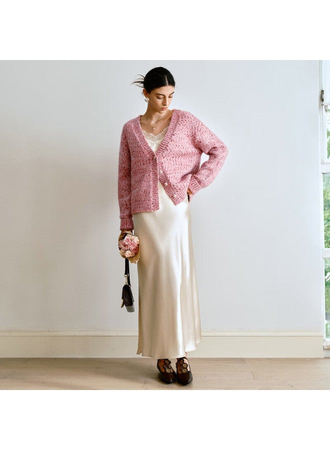 Olrain V-neck Chunky Knit Lazy Sweater Cardigan Women's Autumn Soft Sweet Versatile Top Pink L - Image 2