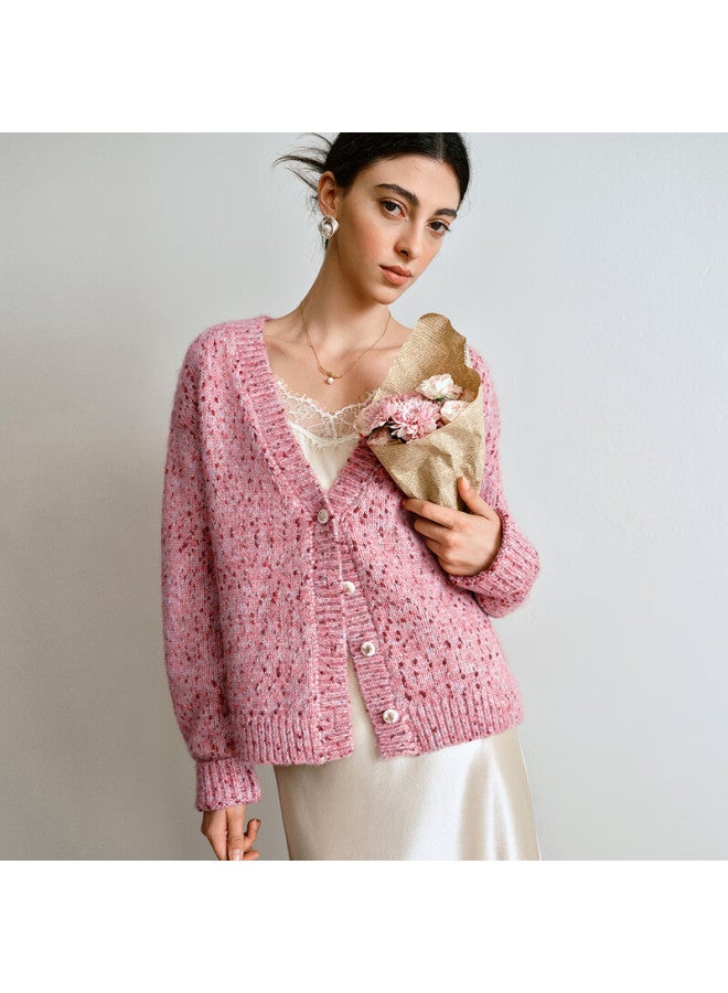 Olrain V-neck Chunky Knit Lazy Sweater Cardigan Women's Autumn Soft Sweet Versatile Top Pink L - Image 1