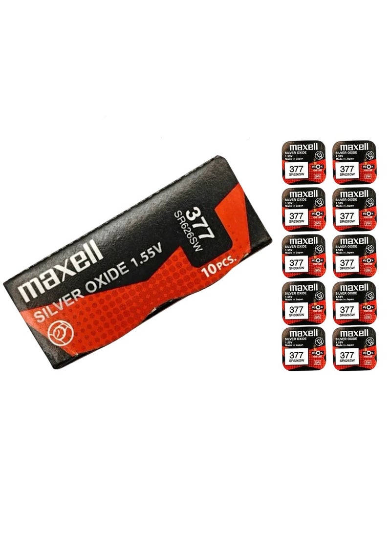 ماكسل 10-Pieces Maxell 377 / SR626SW 1.55V Silver Oxide Hg0% Zero Mercury Batteries - Image 1