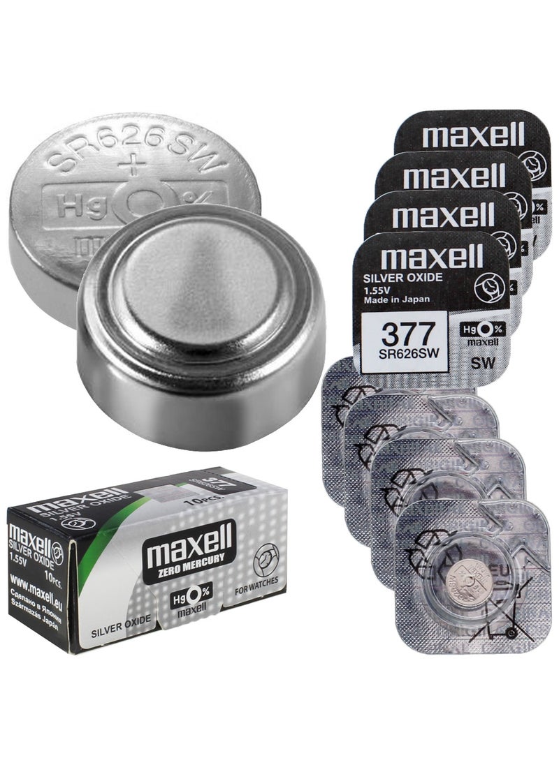 Maxell - 10-Pieces Maxell 377 / SR626SW 1.55V Silver Oxide Hg0% Zero Mercury Batteries - Image 1
