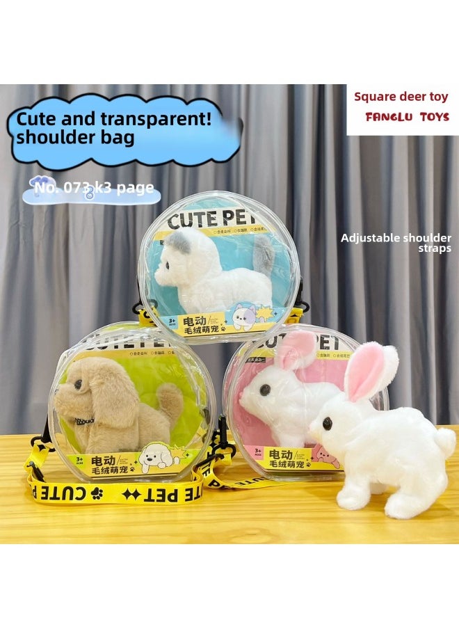 Fang Deer Children's Electric Plush Pet White Rabbit Puppy Kitten Cute Pet Transparent Shoulder Bag Simulation Shape-Color:073 [3 Random Cute Pet Backpacks] 19.5*10*20cm  - Image 1