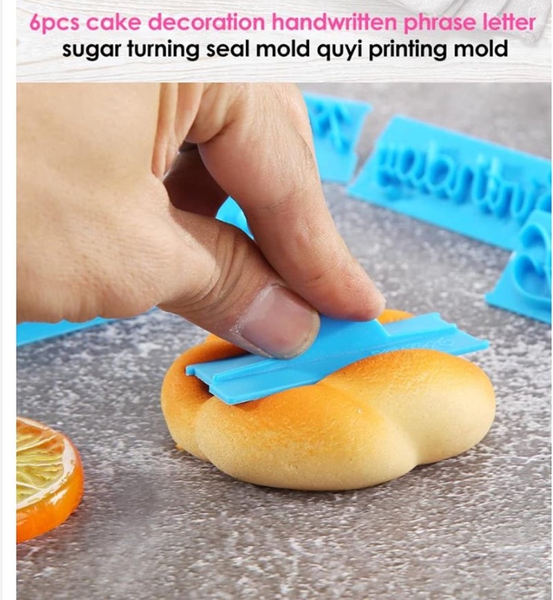 Fdit 6Pcs Words Cake Mould DIY Handwritten Letter Printed Stamp Mould Bakery Supplies Blue Baking Cake Stamp Tools - Image 2