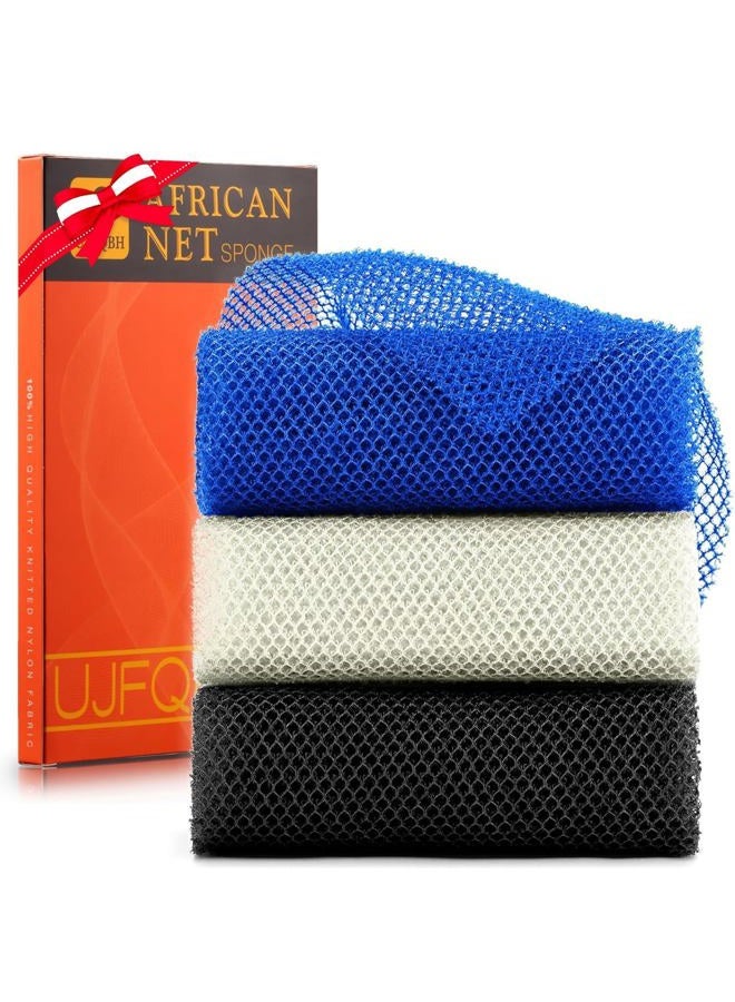 UJFQBH 3 Pieces African Bath Sponge African Net Long Net Bath Sponge Exfoliating Shower Body Scrubber Back Scrubber Skin Smoother,Great for Daily Use(Blue,Black,Off-White) - Image 1