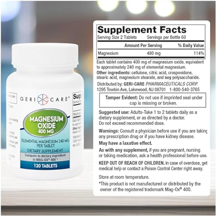 GeriCare Magnesium Oxide Supplement 240 mg of Elemental Magnesium, 120 Tablets, Essential Mineral Support, Promotes Vascular Health, Bone Strength, and Muscle Function (Pack of 1) - Image 3