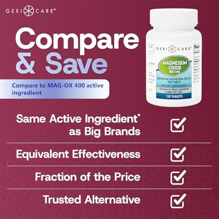 GeriCare Magnesium Oxide Supplement 240 mg of Elemental Magnesium, 120 Tablets, Essential Mineral Support, Promotes Vascular Health, Bone Strength, and Muscle Function (Pack of 1) - Image 4