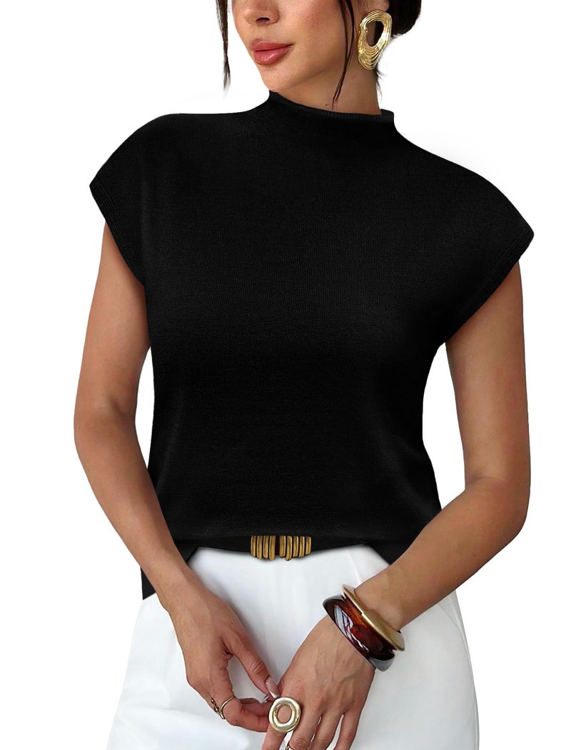 SAMPEEL Womens Summer Tops Trendy 2026 Short Sleeve Sweater Mock Turtle Necks Spring Tops Basic Tees Cute Business Casual Outfits Date Night Shirts Vacation Clothing Fashion Work Blouses S Black - Image 1