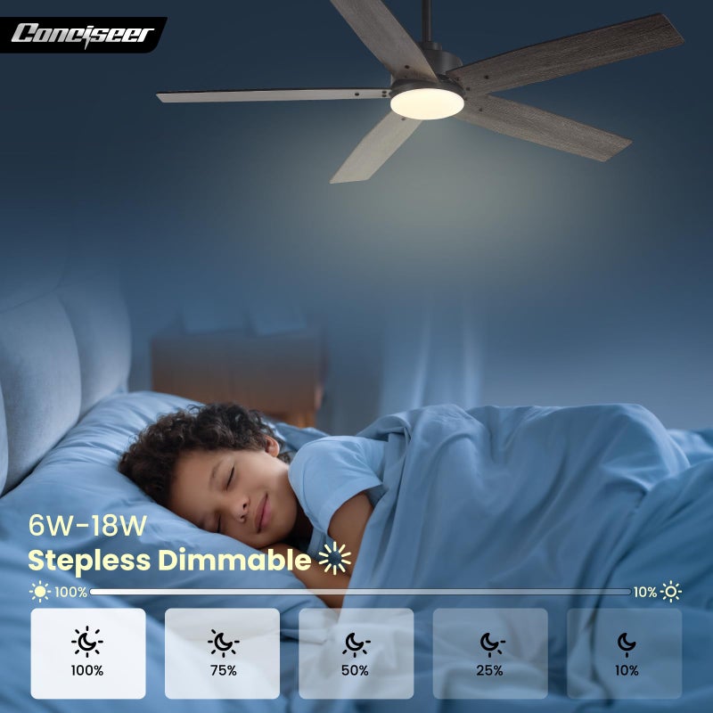 Conciseer Modern 52 Inch Ceiling Fans with Lights and Remote for Bedroom Living Room Kitchen Home Office Indoor/Outdoor, 18W 3CCT Dual Color 5 Blades 6 Speed Reversible Quiet DC Motor, Black/Wood Grain - Image 4