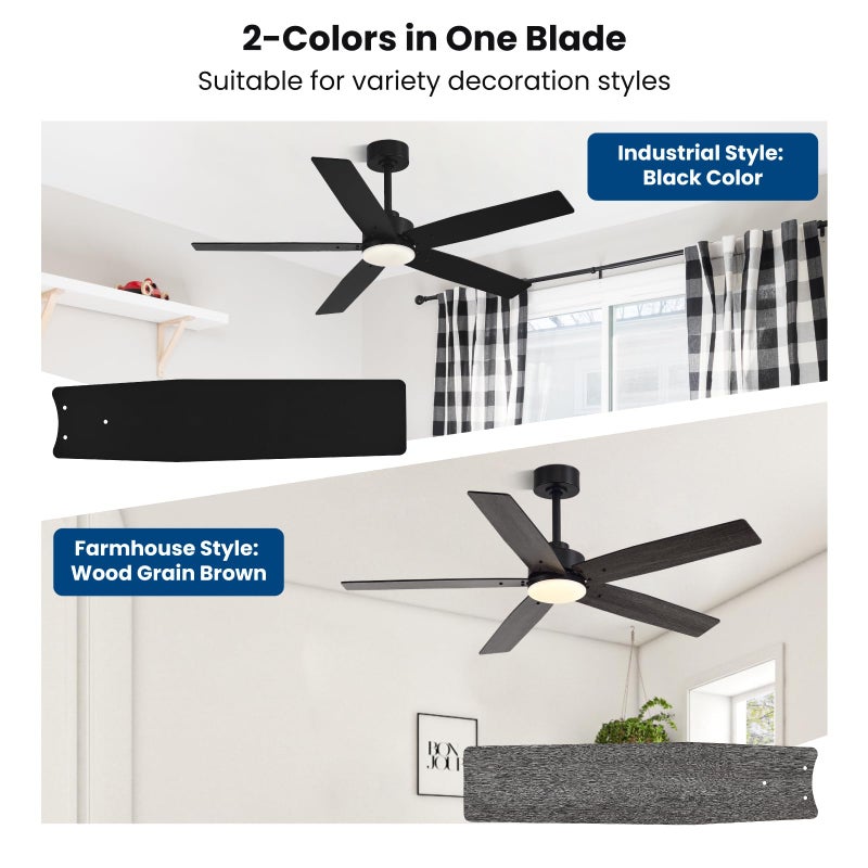 Conciseer Modern 52 Inch Ceiling Fans with Lights and Remote for Bedroom Living Room Kitchen Home Office Indoor/Outdoor, 18W 3CCT Dual Color 5 Blades 6 Speed Reversible Quiet DC Motor, Black/Wood Grain - Image 2