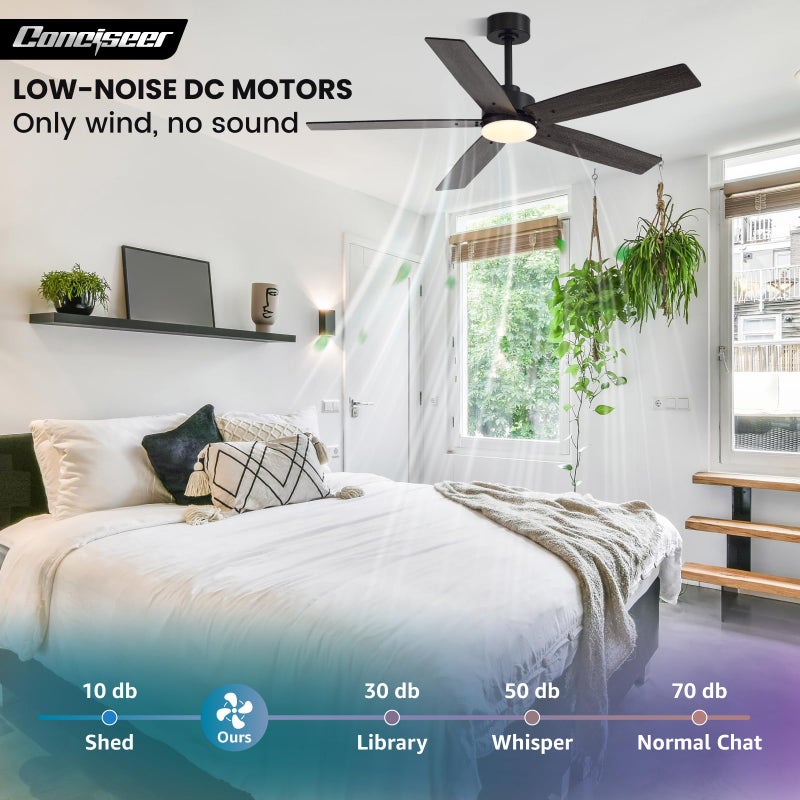 Conciseer Modern 52 Inch Ceiling Fans with Lights and Remote for Bedroom Living Room Kitchen Home Office Indoor/Outdoor, 18W 3CCT Dual Color 5 Blades 6 Speed Reversible Quiet DC Motor, Black/Wood Grain - Image 3