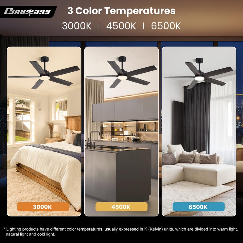 Conciseer Modern 52 Inch Ceiling Fans with Lights and Remote for Bedroom Living Room Kitchen Home Office Indoor/Outdoor, 18W 3CCT Dual Color 5 Blades 6 Speed Reversible Quiet DC Motor, Black/Wood Grain - Image 5