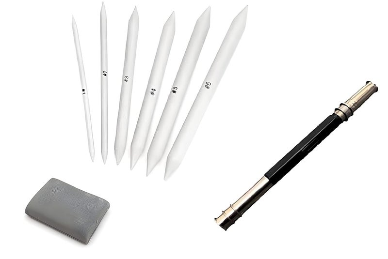 Generic ARTISTERY White Paper StumpArt BlenderTortillons with Kneadable Eraser Twin Head Pencil Extender for Graphite Charcoal Pencils Set of 6 Stumps 1Twin Head Pencil Extender 1 Kneadable Eraser  - Image 1