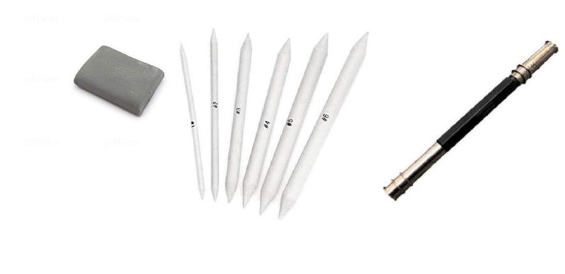 Generic ARTISTERY White Paper StumpArt BlenderTortillons with Kneadable Eraser Twin Head Pencil Extender for Graphite Charcoal Pencils Set of 6 Stumps 1Twin Head Pencil Extender 1 Kneadable Eraser  - Image 2