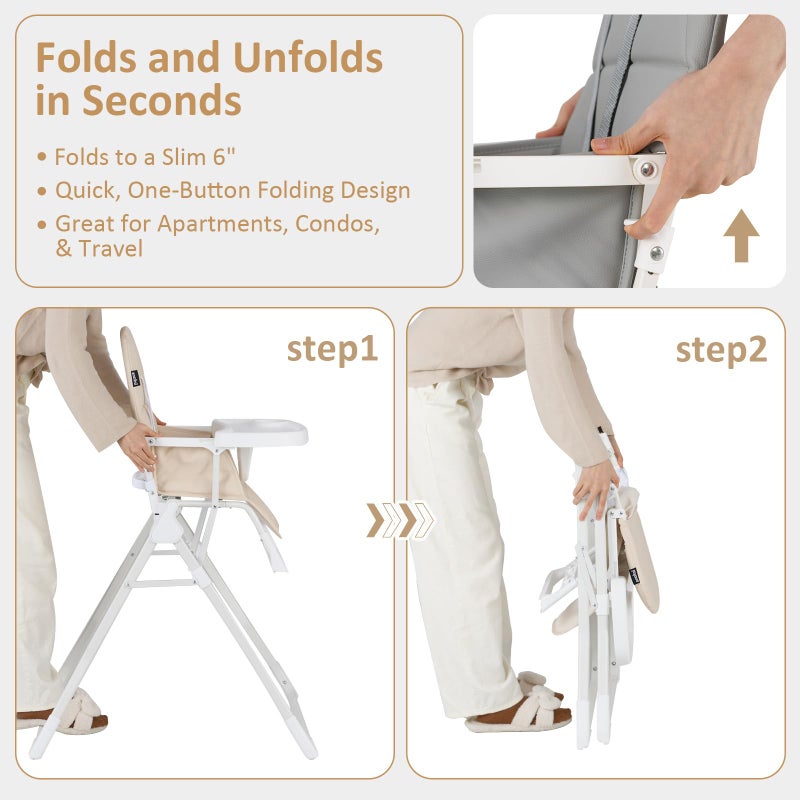 INFANS Baby High Chair, Quick Folding Portable Highchair for Babies and Toddlers with Adjustable Footrest Removable Dishwasher Tray PU Seat, Compact Highchairs for Baby Age 6-36 Months - Image 3