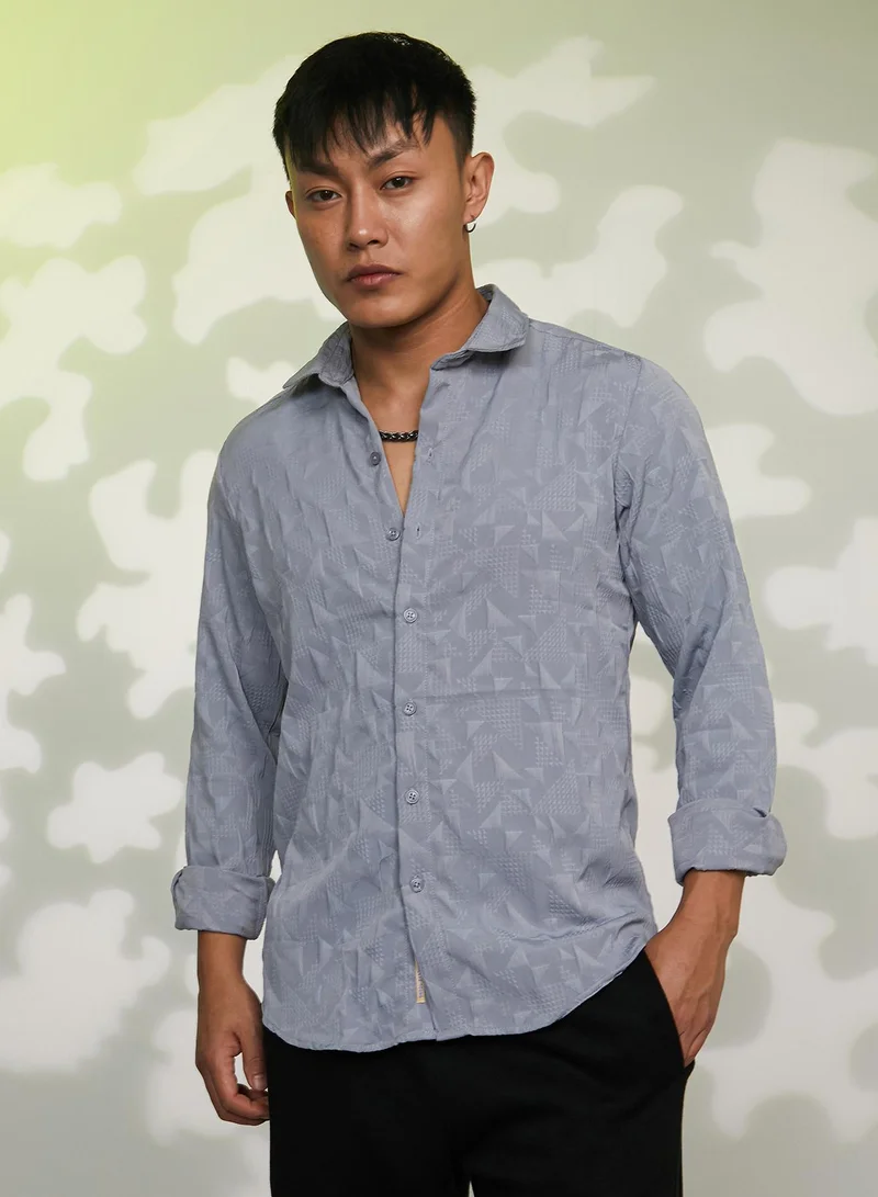 Campus Sutra Men's Ash Grey Geometric-Texture Shirt