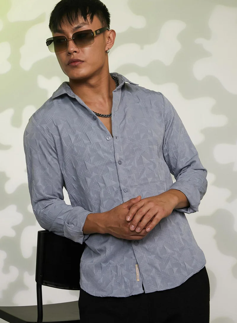 Campus Sutra Men's Ash Grey Geometric-Texture Shirt