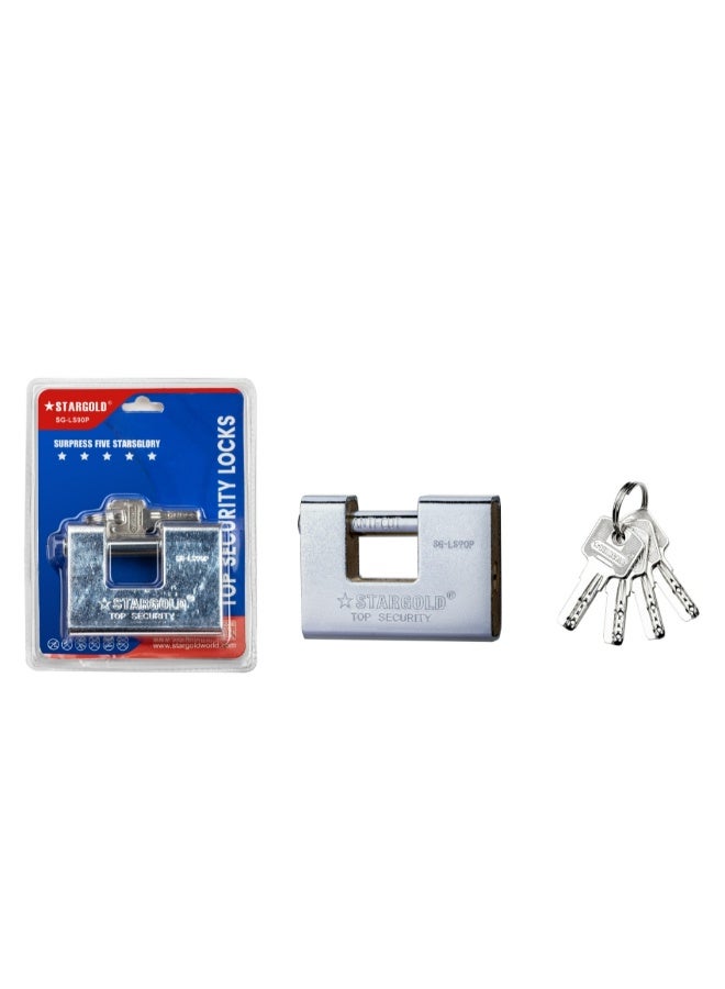 ستارجولد قفل أمان علوي 90 مم، قفل مقاوم للقطع من الفولاذ الصلب عالي التحمل مع 4 مفاتيح، قفل مصراع من الفولاذ المنغنيز المقوى المقاوم للصدأ للبوابات والجراجات والمستودعات والاستخدام الخارجي، SG-LS90P - Image 2