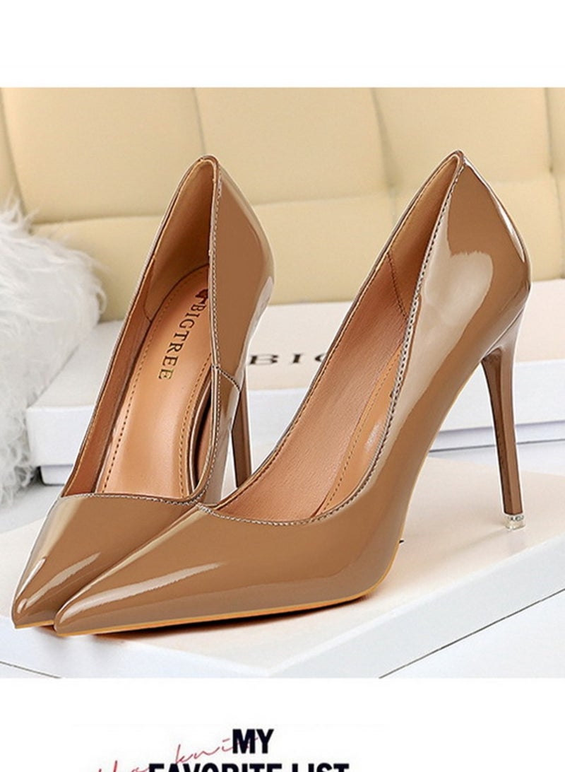 BIGTREE 10.5CM Fashion Simple Slim Heels With Bright Surface Patent Leather Shallow Mouth Pointed Head Slim Women's Heels Brown - Image 1