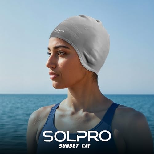 Solpro Sunset Cay Unisex Swimming Cap|for Men,Women,Boys,Girls,Athletes,Swimmers|for Training,Competition in Swimming Pool,Water Sport,Beach,Water Park & Activties|One Size Fits All(Grey/White) - Image 2