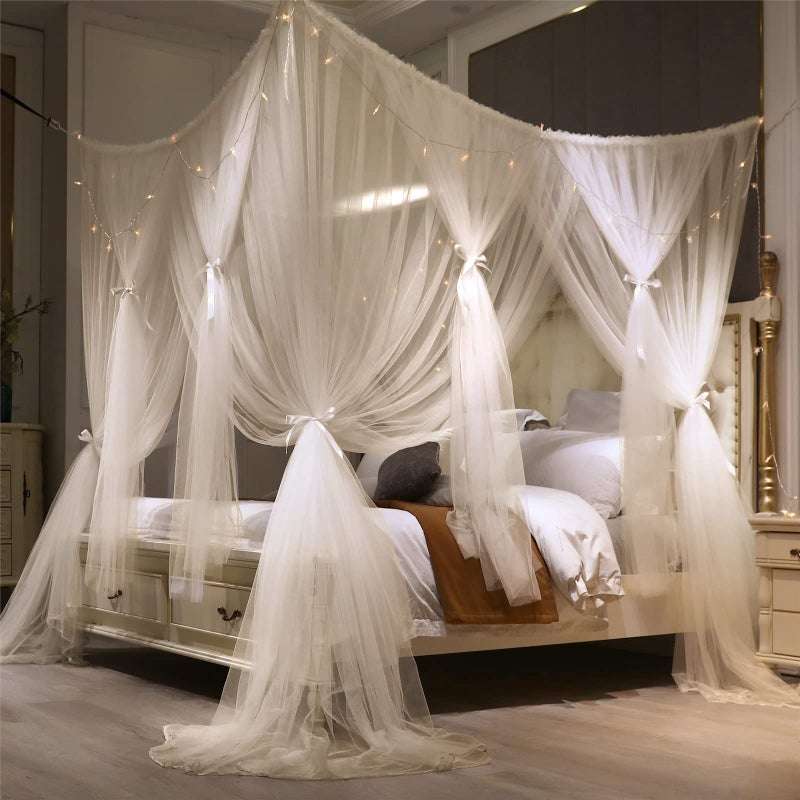 VETHIN 4 Corners Post Princess Bed Canopy Curtain Double Layer Cozy Drape Netting 4 Opening Mosquito Net for Girls & Adults Bedroom Decoration Accessories (Double White, 47" W*78" L*82"*H/Twin) - Image 4