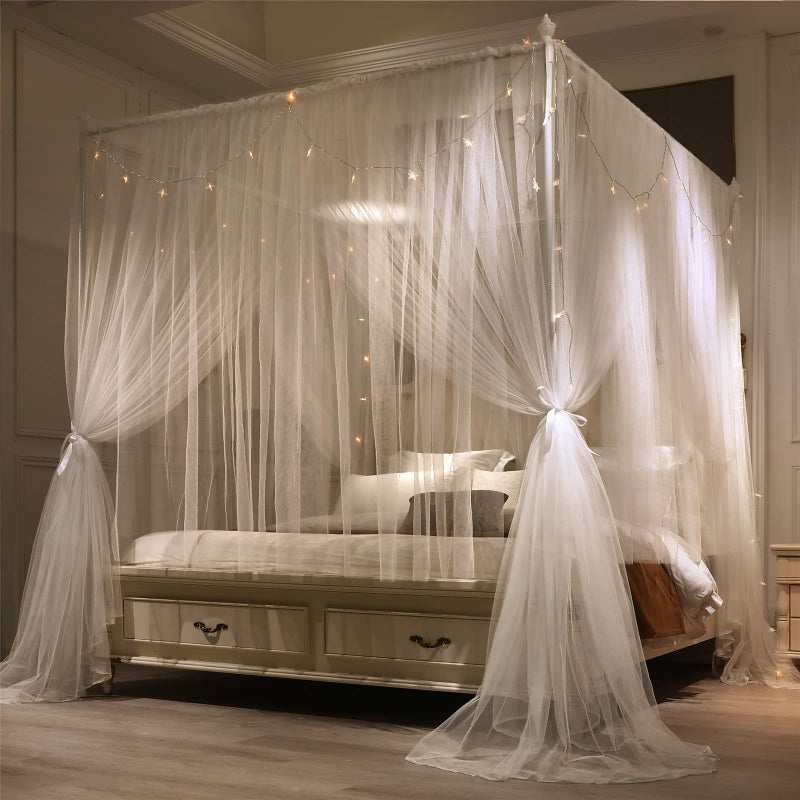 VETHIN 4 Corners Post Princess Bed Canopy Curtain Double Layer Cozy Drape Netting 4 Opening Mosquito Net for Girls & Adults Bedroom Decoration Accessories (Double White, 47" W*78" L*82"*H/Twin) - Image 5