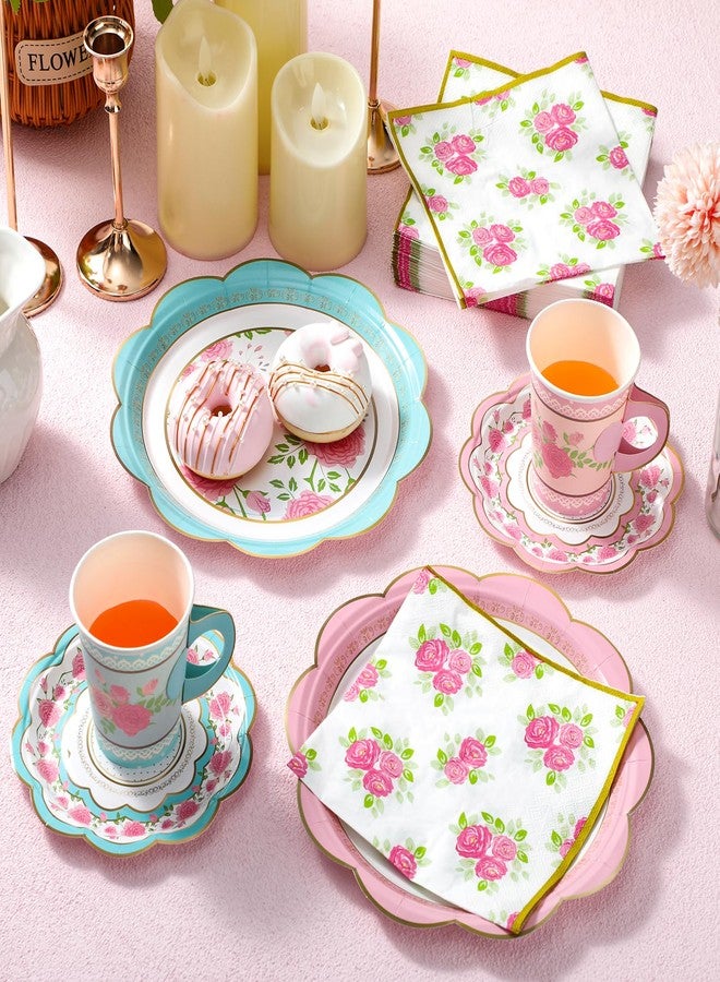 FillTouch 24 Sets Floral Paper Tea Cups and Saucers Disposable Tea Party Decorations 9 Inch Paper Plate, Saucer, Napkin, 9 oz Cups with Handle for Party Supplies - Image 2