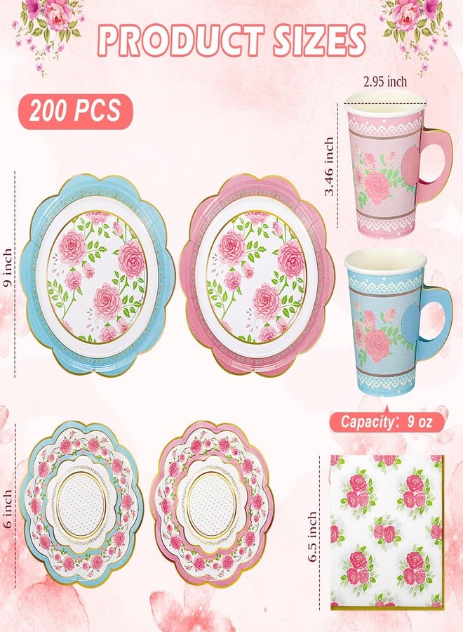 FillTouch 24 Sets Floral Paper Tea Cups and Saucers Disposable Tea Party Decorations 9 Inch Paper Plate, Saucer, Napkin, 9 oz Cups with Handle for Party Supplies - Image 3
