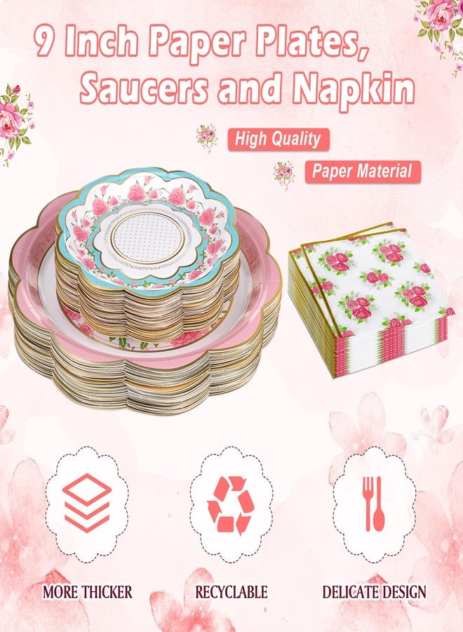 FillTouch 24 Sets Floral Paper Tea Cups and Saucers Disposable Tea Party Decorations 9 Inch Paper Plate, Saucer, Napkin, 9 oz Cups with Handle for Party Supplies - Image 4