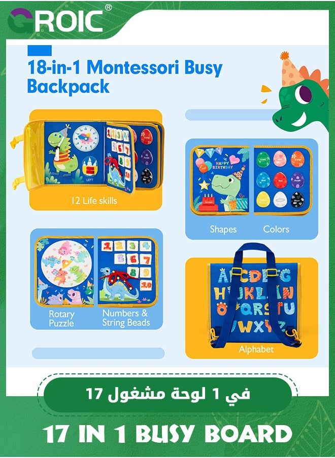 GROIC 17 in 1 Busy Board Book for Toddlers, Kids Busy Backpack Montessori Toys, Dinosaur Toys Quiet Activity Book Preschool Learning Activities with 12 Life Skill Number, Shapes, Colors, Puzzles, Alphabet  - Image 3