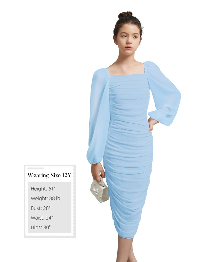 EXARUS Girls Ruched Bodycon Dress Midi Easter Graduation Wedding Party Church Formal Prom Photoshoot Teens Chiffon Lantern Sleeve Tight Maxi Pencil Long Kids Dress Midies Blue 12 Years - Image 5