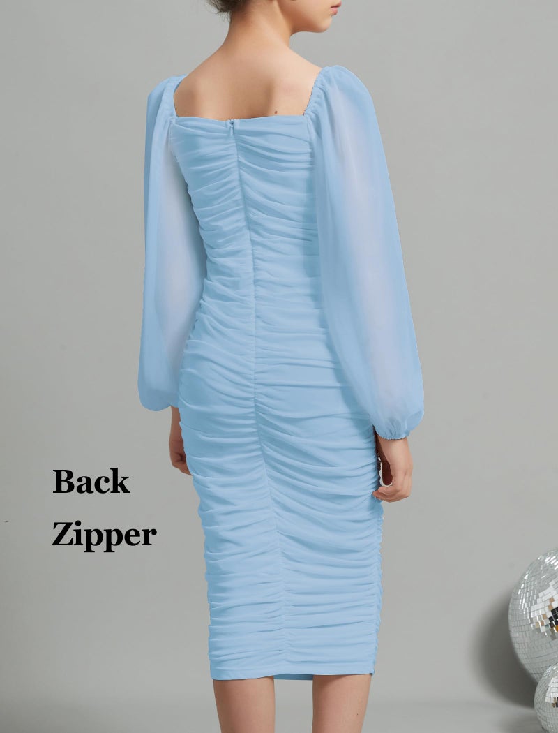 EXARUS Girls Ruched Bodycon Dress Midi Easter Graduation Wedding Party Church Formal Prom Photoshoot Teens Chiffon Lantern Sleeve Tight Maxi Pencil Long Kids Dress Midies Blue 12 Years - Image 2