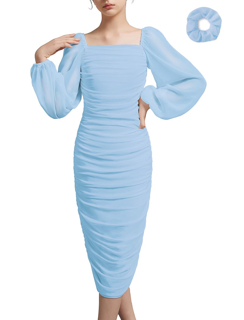 EXARUS Girls Ruched Bodycon Dress Midi Easter Graduation Wedding Party Church Formal Prom Photoshoot Teens Chiffon Lantern Sleeve Tight Maxi Pencil Long Kids Dress Midies Blue 12 Years - Image 1