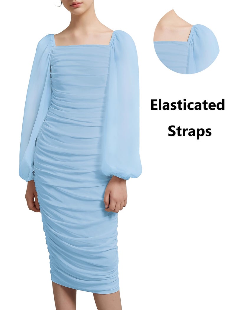 EXARUS Girls Ruched Bodycon Dress Midi Easter Graduation Wedding Party Church Formal Prom Photoshoot Teens Chiffon Lantern Sleeve Tight Maxi Pencil Long Kids Dress Midies Blue 12 Years - Image 4