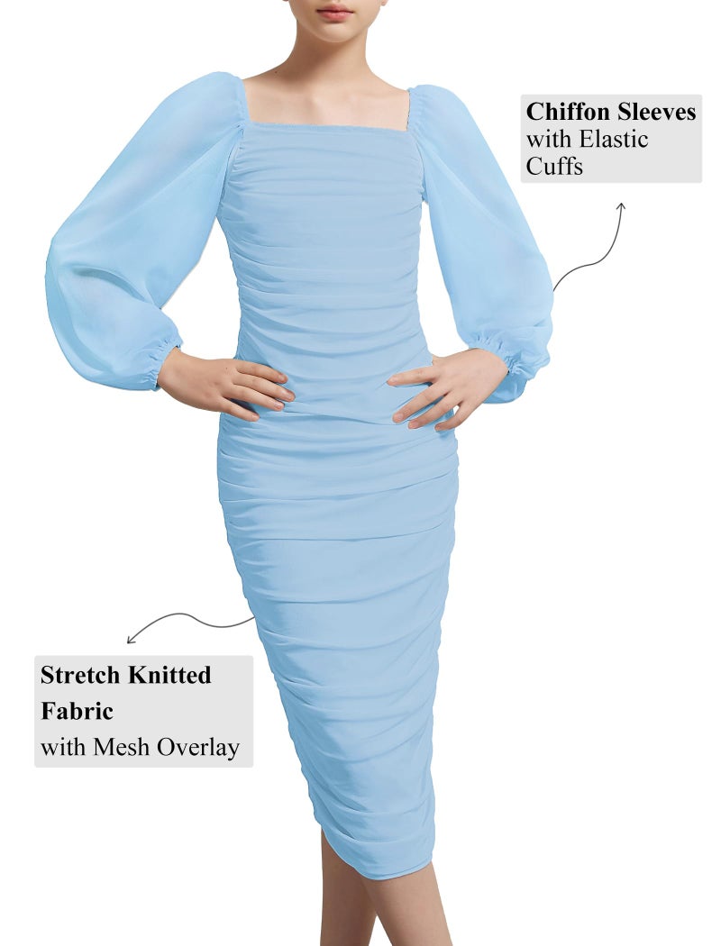 EXARUS Girls Ruched Bodycon Dress Midi Easter Graduation Wedding Party Church Formal Prom Photoshoot Teens Chiffon Lantern Sleeve Tight Maxi Pencil Long Kids Dress Midies Blue 12 Years - Image 3