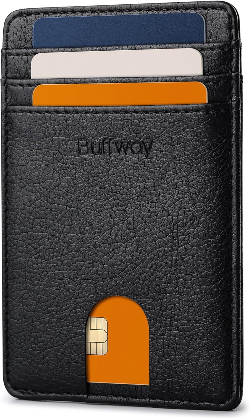 Buffway Mens Slim Wallet, Minimalist Thin Front Pocket Leather Credit Card Holder with RFID Blocking for Work Travel - Image 1