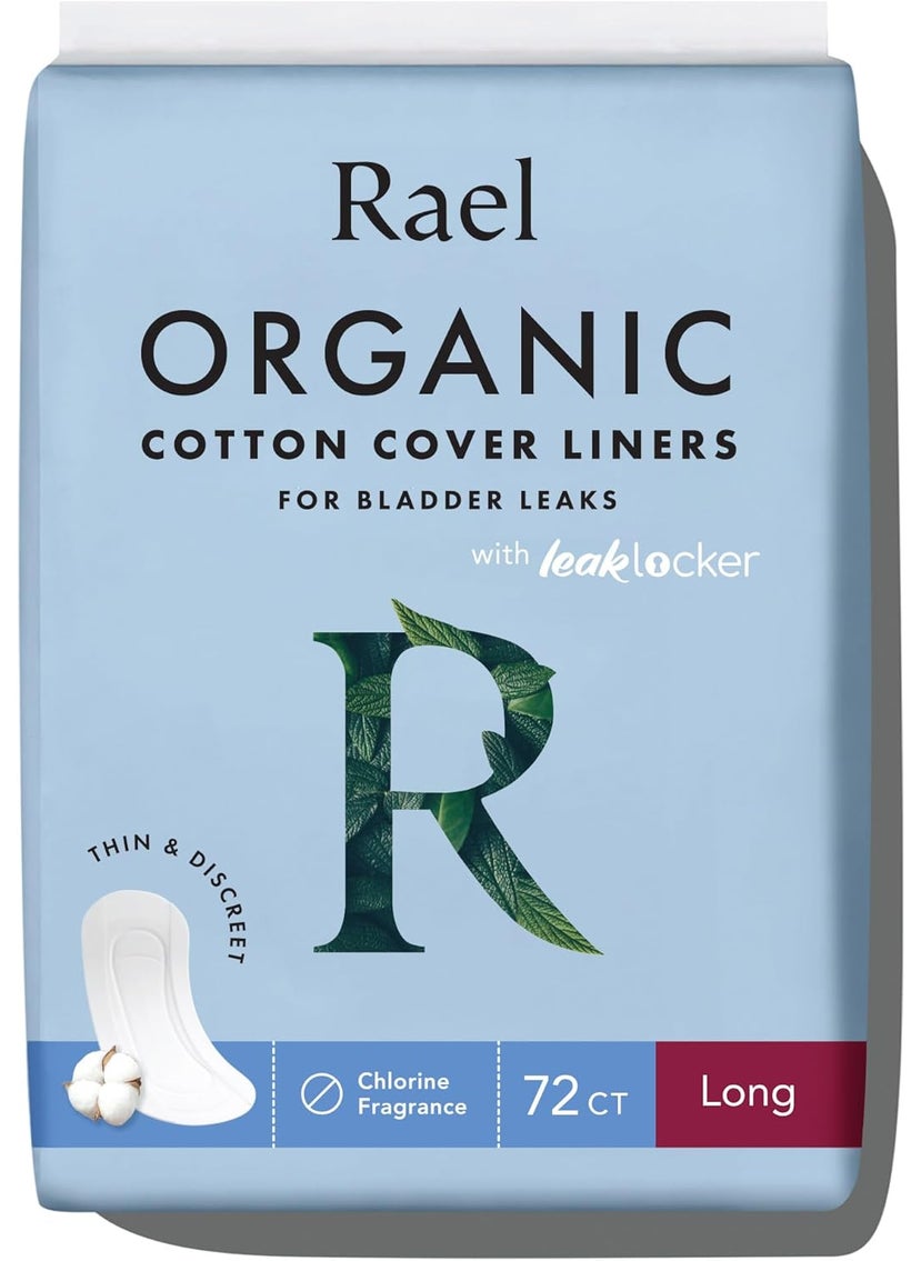 Rael Rael Incontinence Liners for Women, Organic Cotton Cover, Postpartum Essential, Moderate Absorbency, Bladder Control, 4-Layer Core with Leak Guard Technology (Long, 72 Count) 