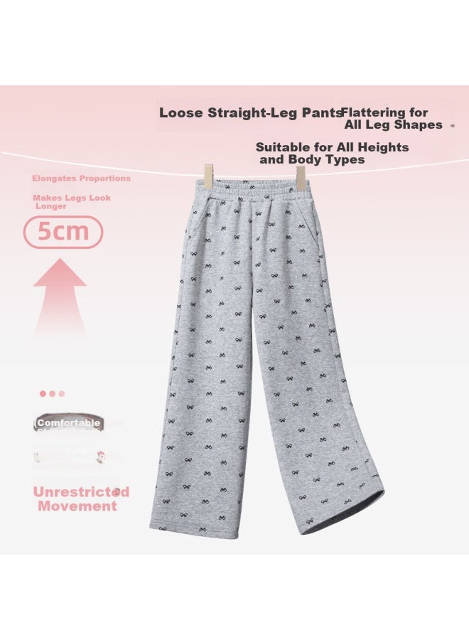 Tonlion Girls' Pants Spring New Big Kids All-over Bow Print Straight-leg Draped Trousers Gray 170 - Image 2