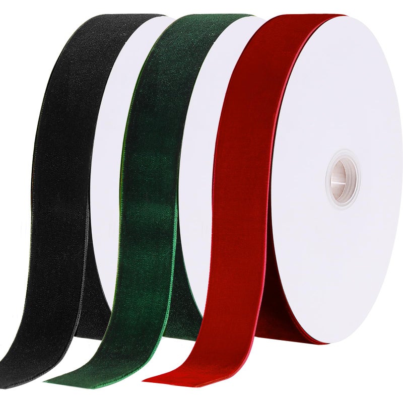 Yilloog 3 Rolls Christmas Velvet Ribbon Single Face Vintage Velvet Ribbon for Christmas Tree Wreaths Gift Wrapping Bows Decoration1 in X 15 YardWine Red Dark Green Black