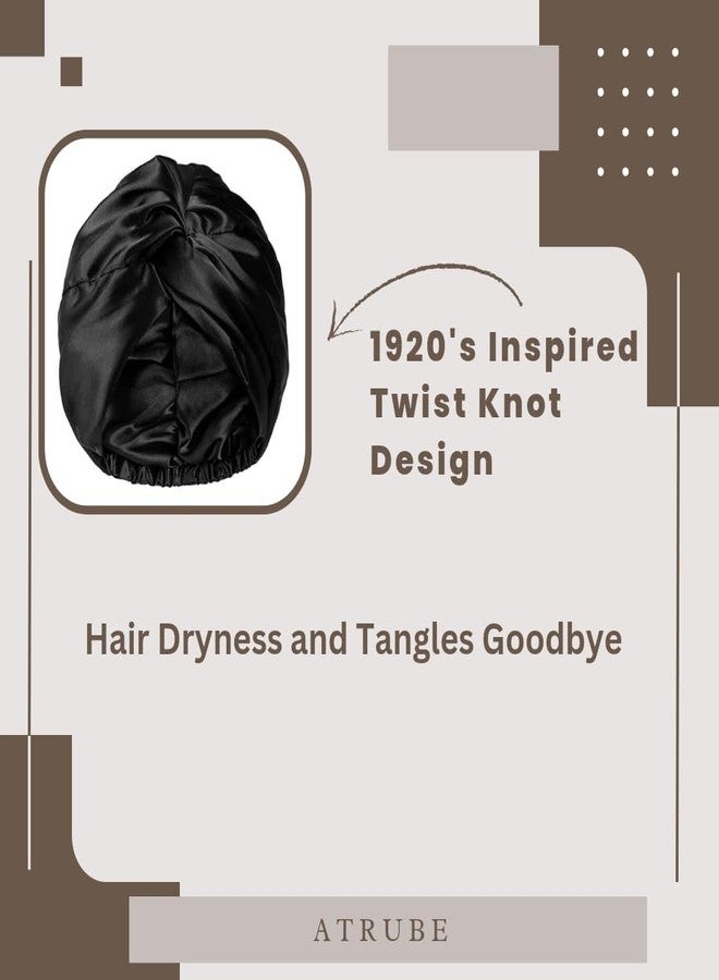 Atrube Silk Satin Hair Bonnet Reversible Sleep Cap with Adjustable tie Band for Sleeping Hair Cover for Women with Scrunchies | Hair Wrap Silk Bonnet for Hair (Black) Head Circumference: 21"~23" - Image 2