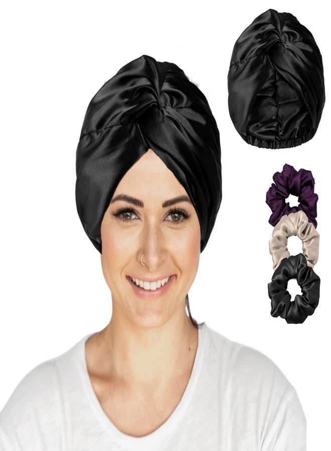 Atrube Silk Satin Hair Bonnet Reversible Sleep Cap with Adjustable tie Band for Sleeping Hair Cover for Women with Scrunchies | Hair Wrap Silk Bonnet for Hair (Black) Head Circumference: 21"~23" - Image 1