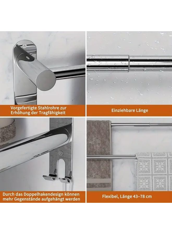 Stainless Steel Towel Rack 2 Tier Extendable Wall Mounted With Hooks For Bathroom Kitchen - Image 3