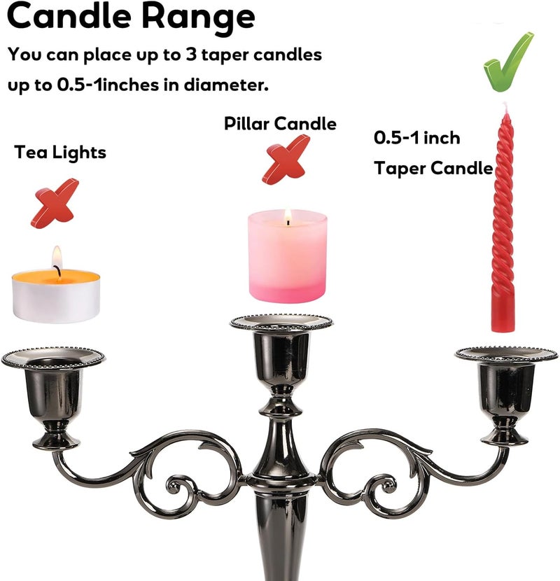 Youeon Repeated use resistant selected material 3 Arm Glossy Black Candelabra, Candelabra Candle Holder, 10 Inch Tall Candlesticks Holder, Elegant Taper Candle Holder Centerpiece for Wedding, Church, Halloween, Dining, Home Decor Assorted color options - Image 3