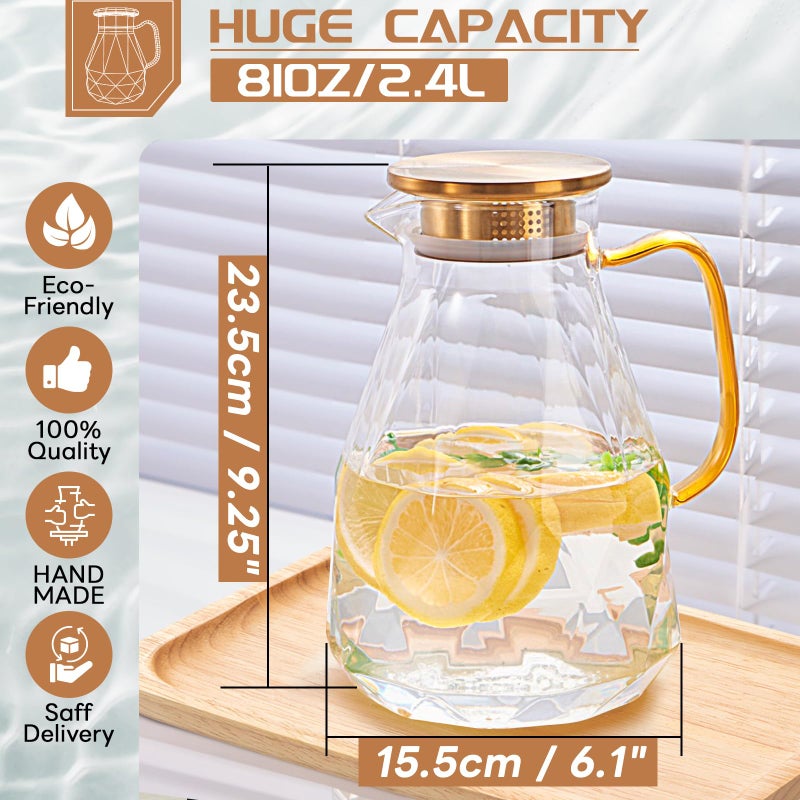 Yirilan Glass Pitcher, 2.4Liter Water Pitcher With Lid, Iced Tea Pitcher for Fridge, Glass Water Carafe With Lid, Glass Water Jug, Large Drink Pitcher For Juice, Milk, Cold Or Hot Beverages, 2400ML - Image 2
