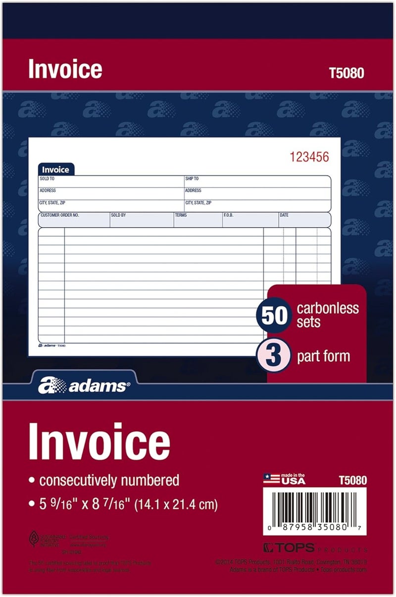 Adams Invoice Book, 3-Part, Carbonless, 5-9/16 x 8-7/16 Inches, 50 Sets per Book (T5080),White/Canary/Pink - Image 1