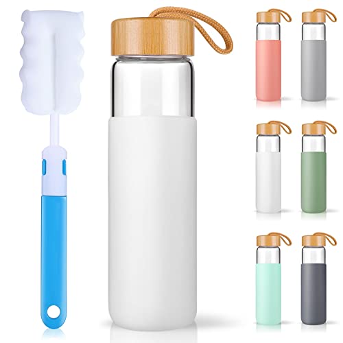 Yomious 25 Oz Glass Water Bottle with Bamboo Lid  Borosilicate Glass Water Bottles with Sleeve Wide Mouth and Dishwasher Safe Water Bottle Glass  Bonus 1x Brush